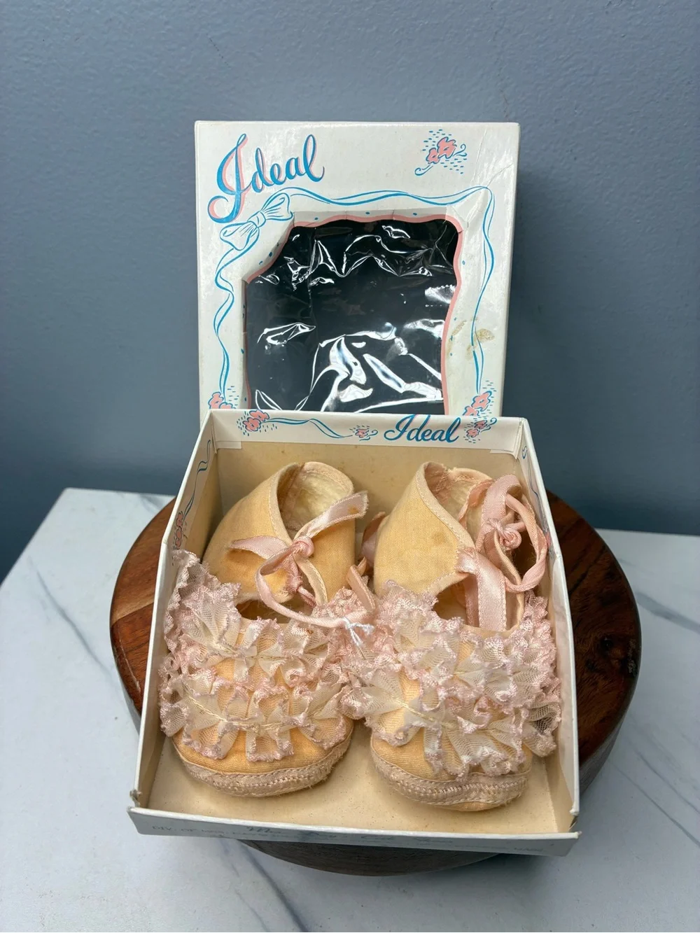 Vintage Ideal Baby Crib Shoes Pink Ruffle Satin Original Box Size 2